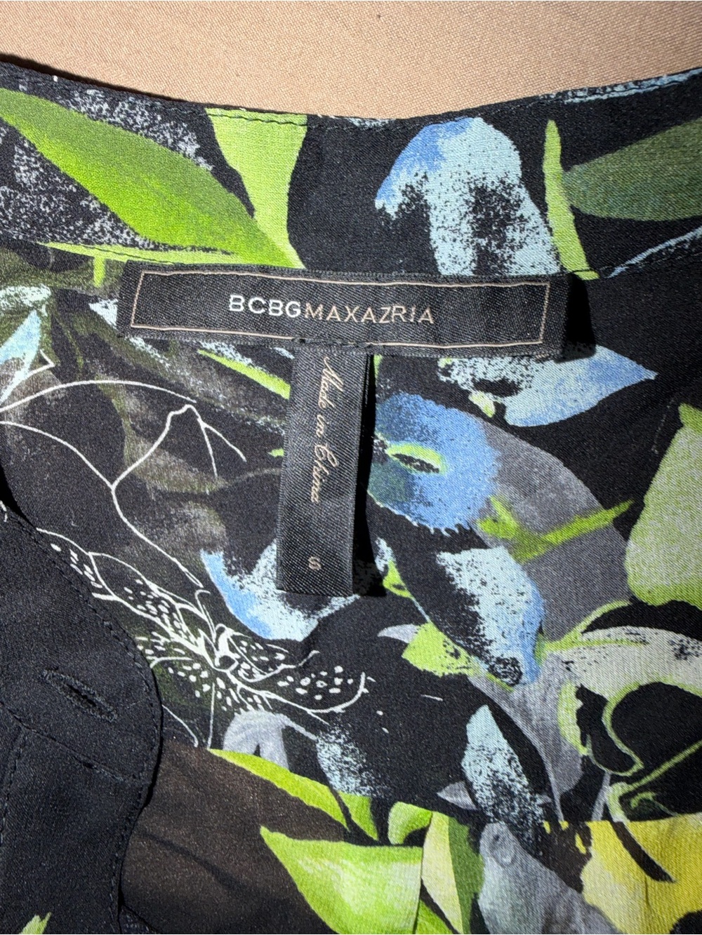 BCBGMaxAzria Black Floral Top with Blue and Lime Accents